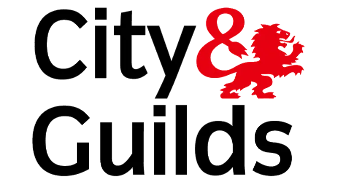 Logo of City & Guilds featuring the text "City & Guilds" with a red lion symbol.